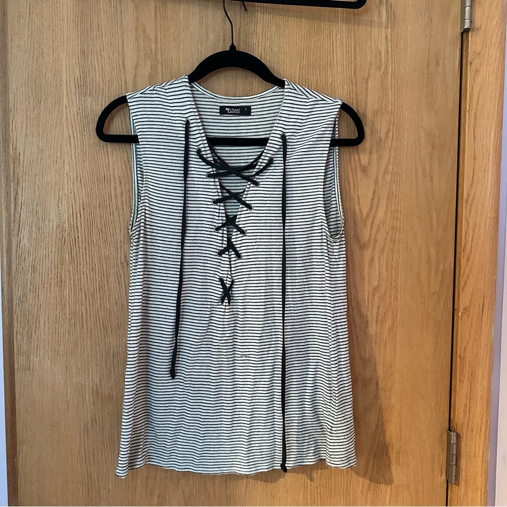 Michael Lauren Black and White Striped Lace-Up Tank Top